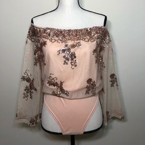 Rosegold off the shoulder sequin bodysuit.